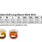 Size chart for a mens cotton drill long sleeve work shirt. Sizes range from S to 7XL. The chart includes measurements for half chest and body length in centimeters. Icons show 100% cotton, tough wearing, and UV protection features.