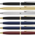 Image of seven ballpoint pens, each with different color combinations: black, gold, silver, blue, and red, with silver or gold accents. They are arranged horizontally in two rows, with clips facing upwards.