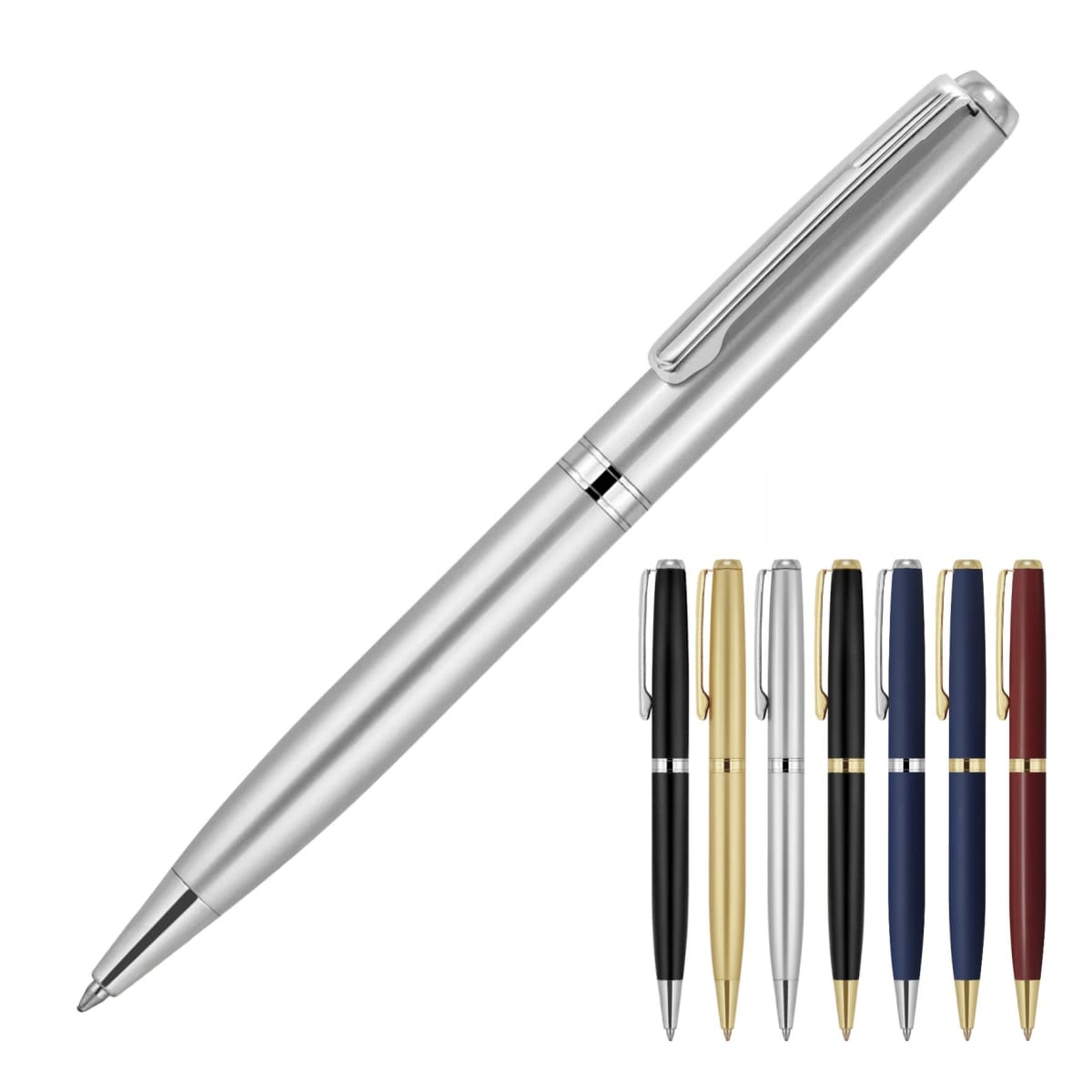 A silver ballpoint pen is prominently displayed. Below, seven pens are arranged in black, silver, gold, navy blue, metallic blue, red, and burgundy, each with matching or contrasting clips and accents.