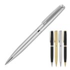 A collection of five ballpoint pens in various colors: silver, black with silver accents, gold, white with silver accents, and black with gold accents, shown against a white background. They are sleek and have a metallic finish.