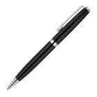 A black ballpoint pen with a sleek metallic clip and silver accents near the tip and center lies diagonally on a white background.