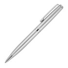 A sleek silver ballpoint pen with a polished finish. It has a small metallic clip near the top and a thin black ring detail in the middle. The pen is positioned diagonally, pointing to the lower left corner.