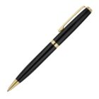 A sleek black pen with gold accents, featuring a clip and a twist mechanism for the retractable tip, is positioned diagonally against a white background.