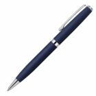 A sleek blue ballpoint pen with a silver clip and silver accents, isolated on a white background. The pen is at a slight diagonal angle, with the tip pointing to the bottom left.