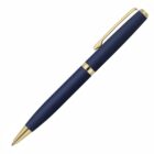 A blue ballpoint pen with gold accents, including a clip and tip, positioned diagonally against a white background.
