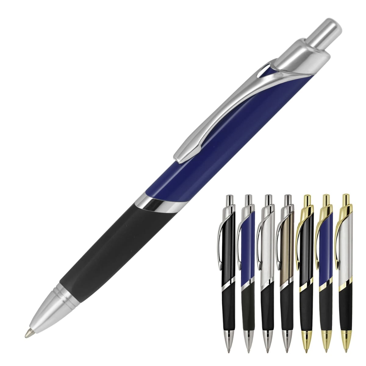 A set of ballpoint pens in various colors, including blue, silver, black, and gold. The pens have a sleek design with a metallic clip and click mechanism. One pen is shown enlarged and separate from the others.