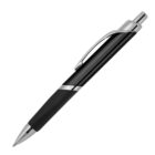 A black ballpoint pen with silver accents, featuring a clip and a retractable tip, positioned diagonally against a white background.
