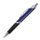 A blue and black ballpoint pen with silver accents, featuring a clip and a retractable tip, is shown against a white background.