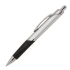 A sleek ballpoint pen with a metallic silver upper half and a black lower half. It has a chrome clip and accents, with a click mechanism on top. The pen is photographed against a plain white background.