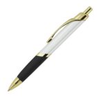 A sleek ballpoint pen with a white barrel, black grip, and gold accents, including a clip and tip. The pen has a twist or click mechanism visible near the top. It is angled diagonally against a plain white background.