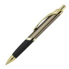 A sleek ballpoint pen with a silver body, gold accents, and a black grip area. The pen features a click mechanism with a gold clip and gold tip.