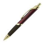 A ballpoint pen with a sleek design, featuring a metallic maroon body, gold accents, and a black textured grip. The pen has a click mechanism at the top and a clip on the side for easy attachment.