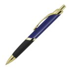 A sleek ballpoint pen with a blue barrel, gold clip, and accents. The lower grip section is black, providing a comfortable hold. The pens tip and click mechanism are also gold, adding an elegant touch.