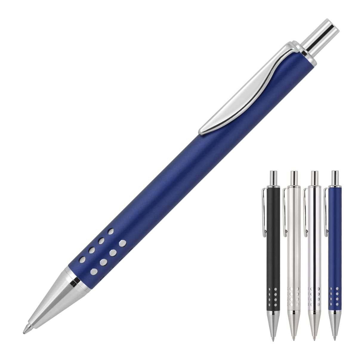 A blue retractable ballpoint pen with a silver clip and dotted grip is prominently displayed. Smaller images of the same pen in black, silver, and white are shown to the side.