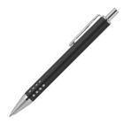 A black ballpoint pen with a sleek design featuring a silver clip, push button, and tip. The pen has a series of small circular cutouts near the grip area.