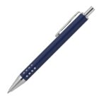 A blue and silver ballpoint pen with a sleek design. The pen features a metallic clip and a push button at the top, with a series of small holes near the grip for added texture.