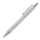 A silver metallic ballpoint pen featuring a sleek design. The pen has a clip near the top for attaching to pockets and a retractable tip activated by a click mechanism. Small circular indentations near the grip area add texture and detail.