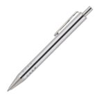 A sleek silver ballpoint pen with a metallic finish, featuring a clip on the side and a smooth click mechanism. The pens body has small circular indentations near the tip.