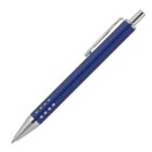 A blue ballpoint pen with a silver metallic tip and clicker. The pen features a row of decorative holes near the tip and a silver clip along its side. The design is sleek and modern.