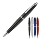A collection of five ballpoint pens in black, silver, blue, and red colors with silver accents and clips are displayed. The black pen is prominently shown in a larger size to the left of the group.