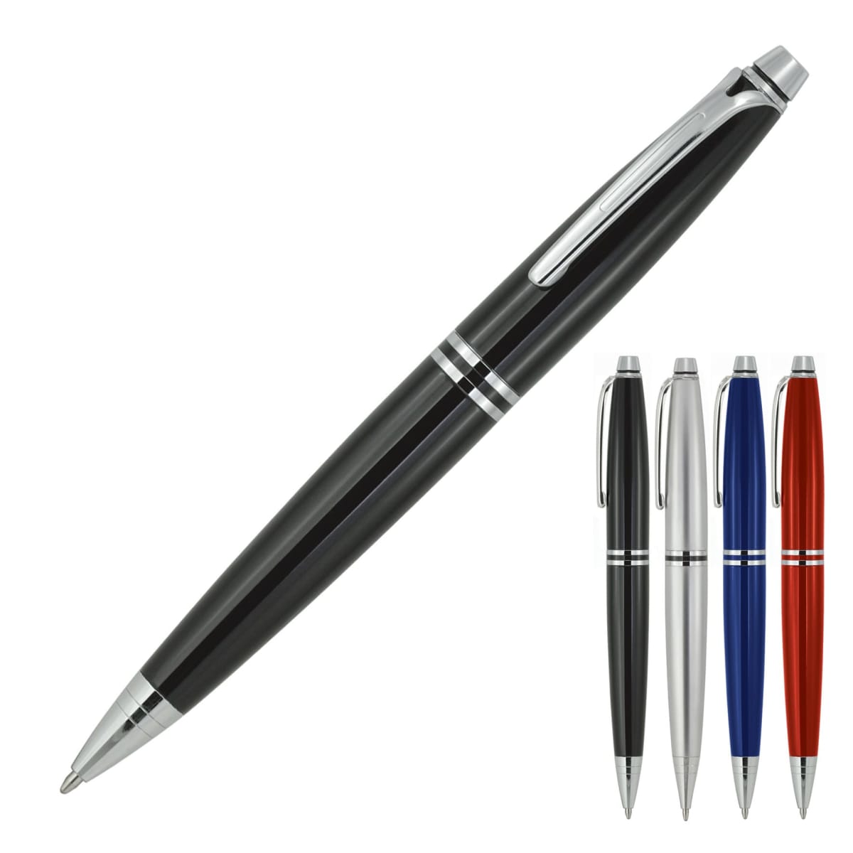 A collection of five ballpoint pens in black, silver, blue, and red colors with silver accents and clips are displayed. The black pen is prominently shown in a larger size to the left of the group.