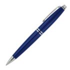 A blue ballpoint pen with a sleek design, featuring silver accents at the tip, clip, and two bands near the top.