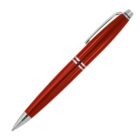 A sleek, red ballpoint pen with a shiny silver clip and tip, and two silver bands near the middle, set against a white background.