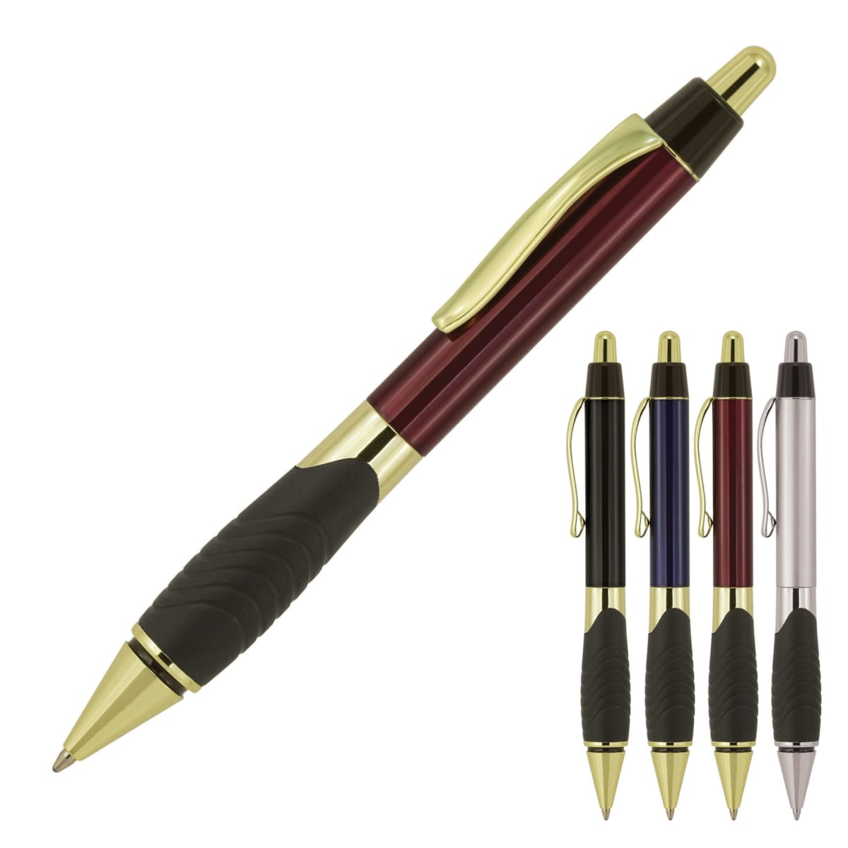 A set of five ballpoint pens in red, black, blue, purple, and silver. Each pen features a glossy finish with gold accents and a black rubber grip.