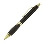 A black and gold ballpoint pen with a textured grip. The pen has a gold clip on its cap and a sleek, elegant design. The body is black with gold accents at the middle and tip.