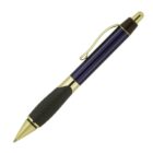 A blue ballpoint pen with gold accents, a black grip, and a pocket clip, shown against a white background.