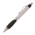 A silver ballpoint pen with a black rubber grip, a metal clip, and a click mechanism. The pen is positioned diagonally on a plain white background.