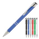 A blue pen with silver accents and a clip is featured prominently. Below, six additional pens are lined up in black, red, green, white, and silver colors, each with similar silver accents.