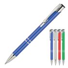 A set of ballpoint pens with metal clips, featuring a sleek blue pen prominently displayed. Smaller images of pens in silver, black, red, and green are shown to the right. Each pen has a metallic tip and clip, with two silver bands.