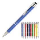 A blue retractable ballpoint pen with a silver clip and tip. Below, there are smaller images of the same pen in different colors: black, silver, blue, red, white, green, yellow, and orange, all arranged in a row.