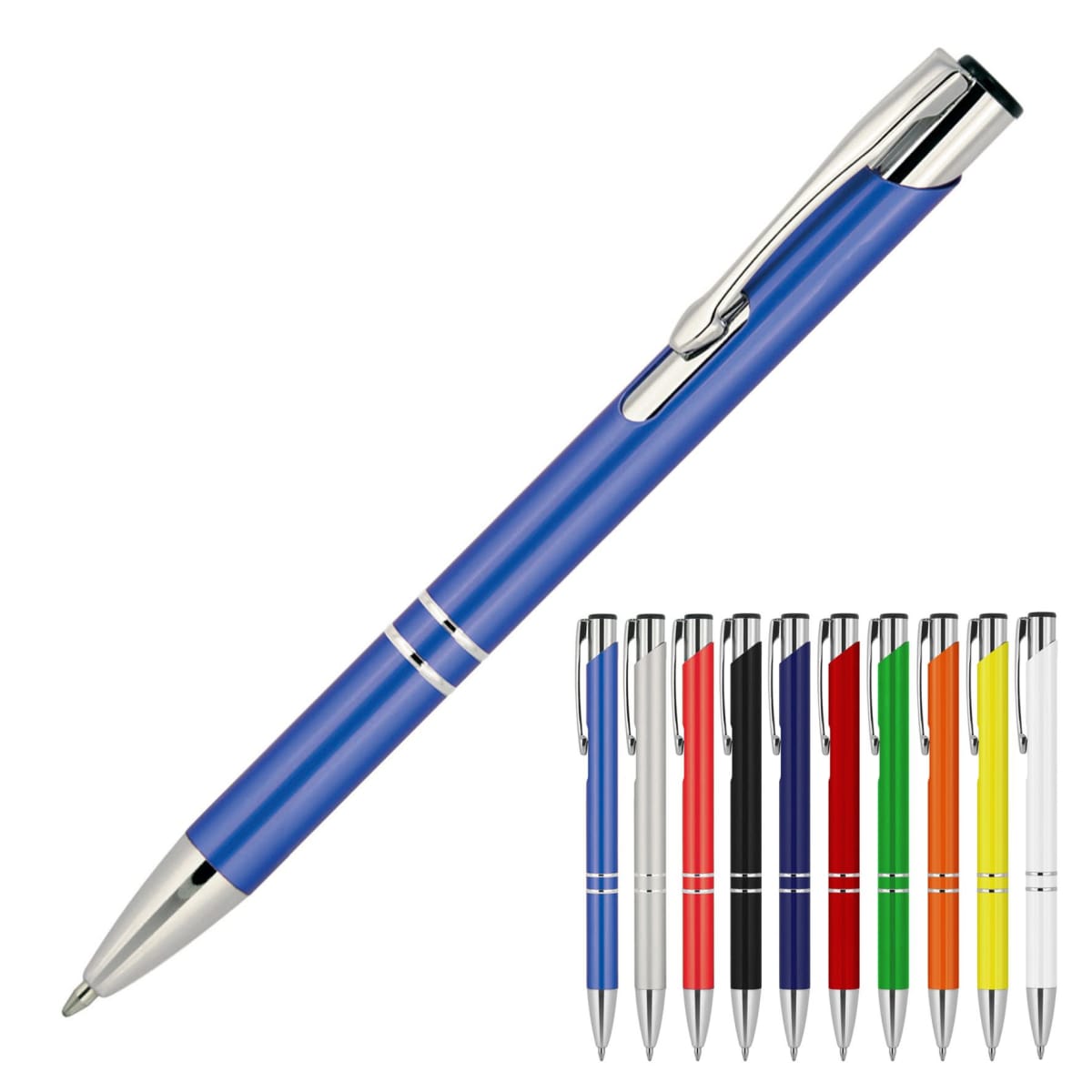 A blue retractable ballpoint pen with a silver clip and tip. Below, there are smaller images of the same pen in different colors: black, silver, blue, red, white, green, yellow, and orange, all arranged in a row.