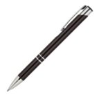 A sleek black ballpoint pen with silver accents and a clip, positioned diagonally with the tip pointing to the bottom left. The barrel features two narrow silver bands near the top.