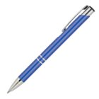 A sleek blue ballpoint pen with a metallic finish, featuring silver accents near the tip and a silver clip on the cap. The pen is positioned diagonally against a white background.