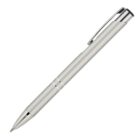 A sleek, silver ballpoint pen with a shiny clip and metallic accents. The pen is angled slightly to the left, displaying its smooth, streamlined design against a plain white background.