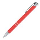 A red ballpoint pen with silver accents and a shiny metal clip. Its design is sleek and modern, with two thin silver bands near the top. The pen is angled diagonally on a white background.