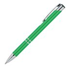 A green ballpoint pen with a shiny silver tip and clip. The pen has two silver bands near the middle and is positioned diagonally on a white background.