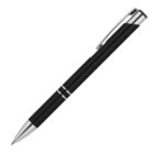 A sleek black ballpoint pen with silver accents, featuring a clip on the cap. The pen is angled diagonally against a white background.