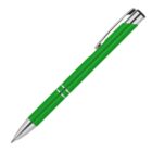 A green ballpoint pen with a silver clip and tip, featuring two silver bands near the tip. The pen is angled diagonally against a plain white background.
