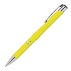 Yellow ballpoint pen with a silver tip and clip, featuring two silver bands near the tip. Positioned diagonally on a white background.