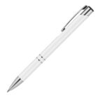 A white ballpoint pen with silver accents, including a clip and tip, is positioned diagonally against a plain white background. The pen features two thin black bands near the midpoint.