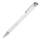 A sleek white ballpoint pen with chrome accents and a clip, positioned diagonally against a plain background.