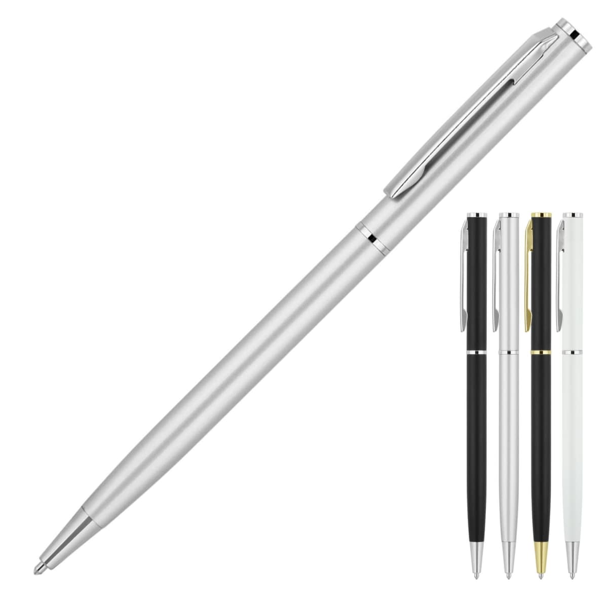 A silver ballpoint pen is prominently displayed on the left. On the right, there are smaller images of four pens in various colors: black with silver trim, black with gold trim, silver, and white with silver trim.
