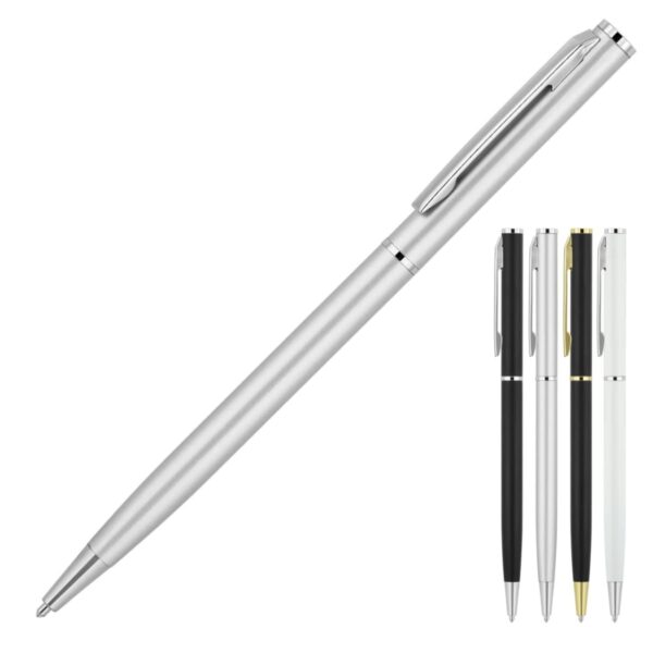 A sleek silver ballpoint pen is displayed prominently. To the right, there are four smaller pens in black, gold, silver, and white, each with a shiny clip.