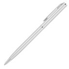 A sleek silver ballpoint pen with a thin, metallic body and a clip near the top for attachment. The design is minimalistic and modern, with the tip extending for writing.