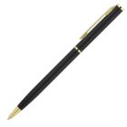 Sleek black pen with a gold clip, tip, and accents, positioned diagonally on a white background.
