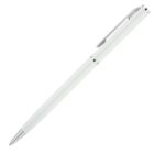 A sleek, white ballpoint pen with a metallic clip and tip is angled diagonally against a plain white background.